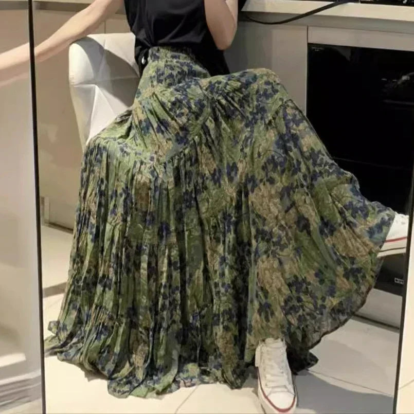 Kawaii Bohemian Floral Maxi Skirt Summer Retro Romantic