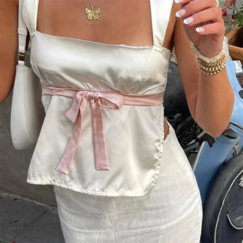 Satin Bow Tie Milkmaid Backless Crop Top
