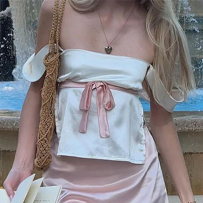 Satin Bow Tie Milkmaid Backless Crop Top