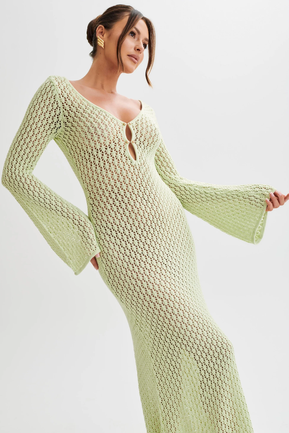 Geometric Crochet Deep V-Neck Keyhole Bell Sleeve Bodycon Maxi Dress - View 8