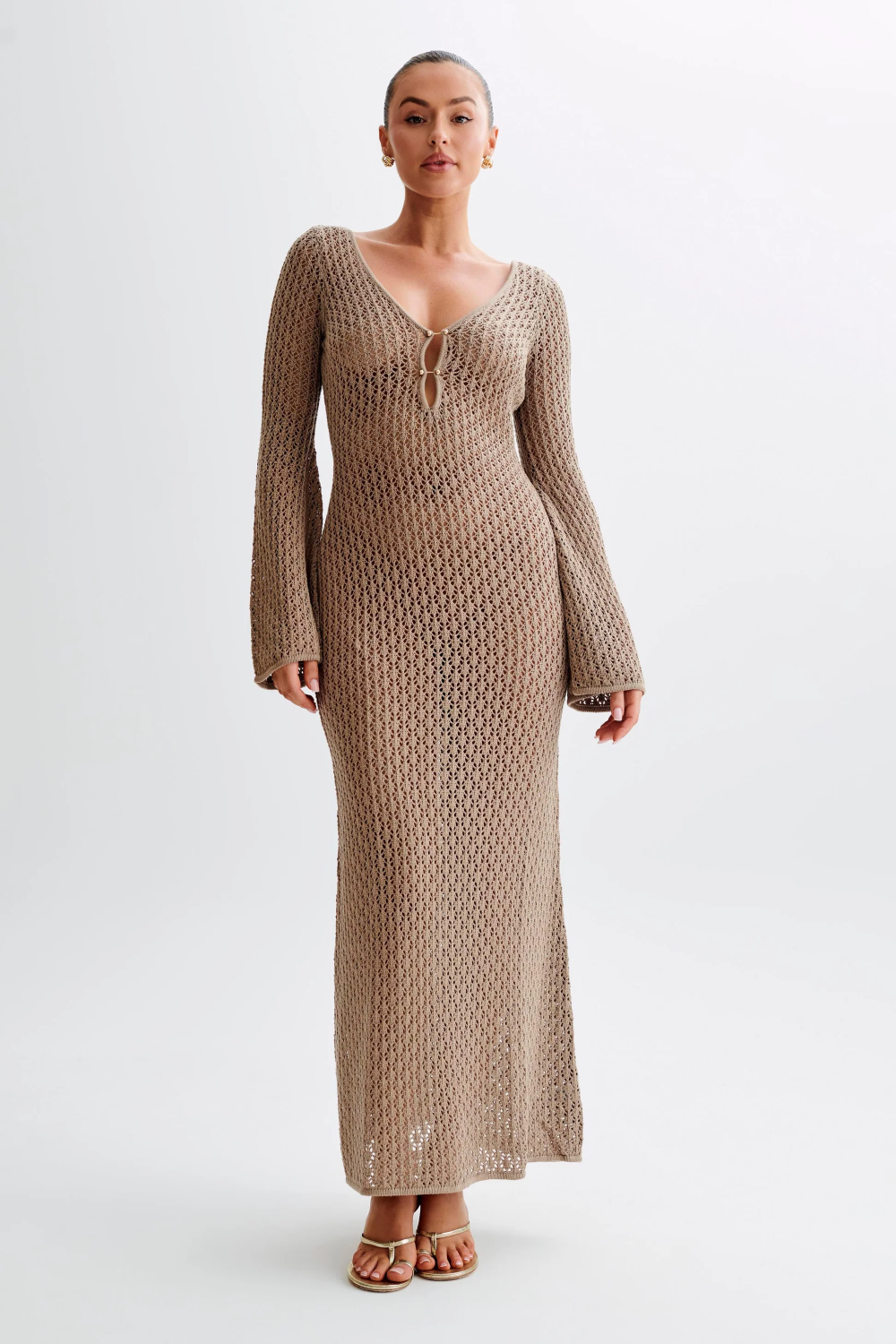 Crochet Knit Deep V-Neck Bell Sleeve Keyhole Maxi Dress - View 7