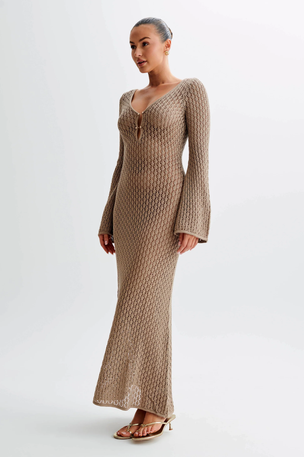Geometric Crochet Deep V-Neck Keyhole Bell Sleeve Bodycon Maxi Dress - View 6