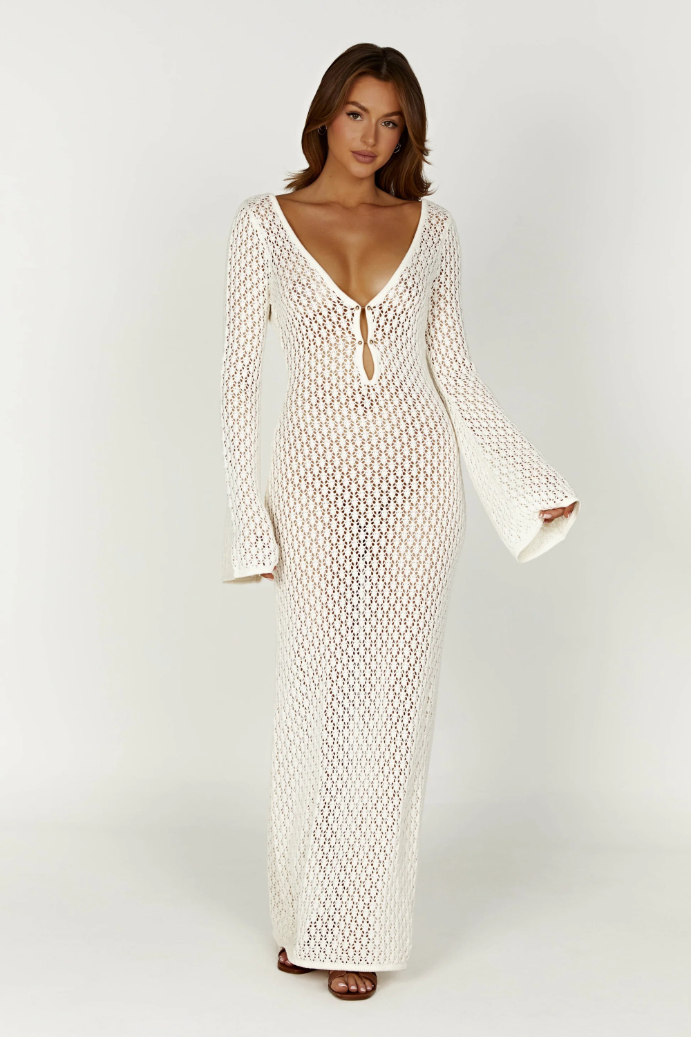 Crochet Knit Deep V-Neck Bell Sleeve Keyhole Maxi Dress
