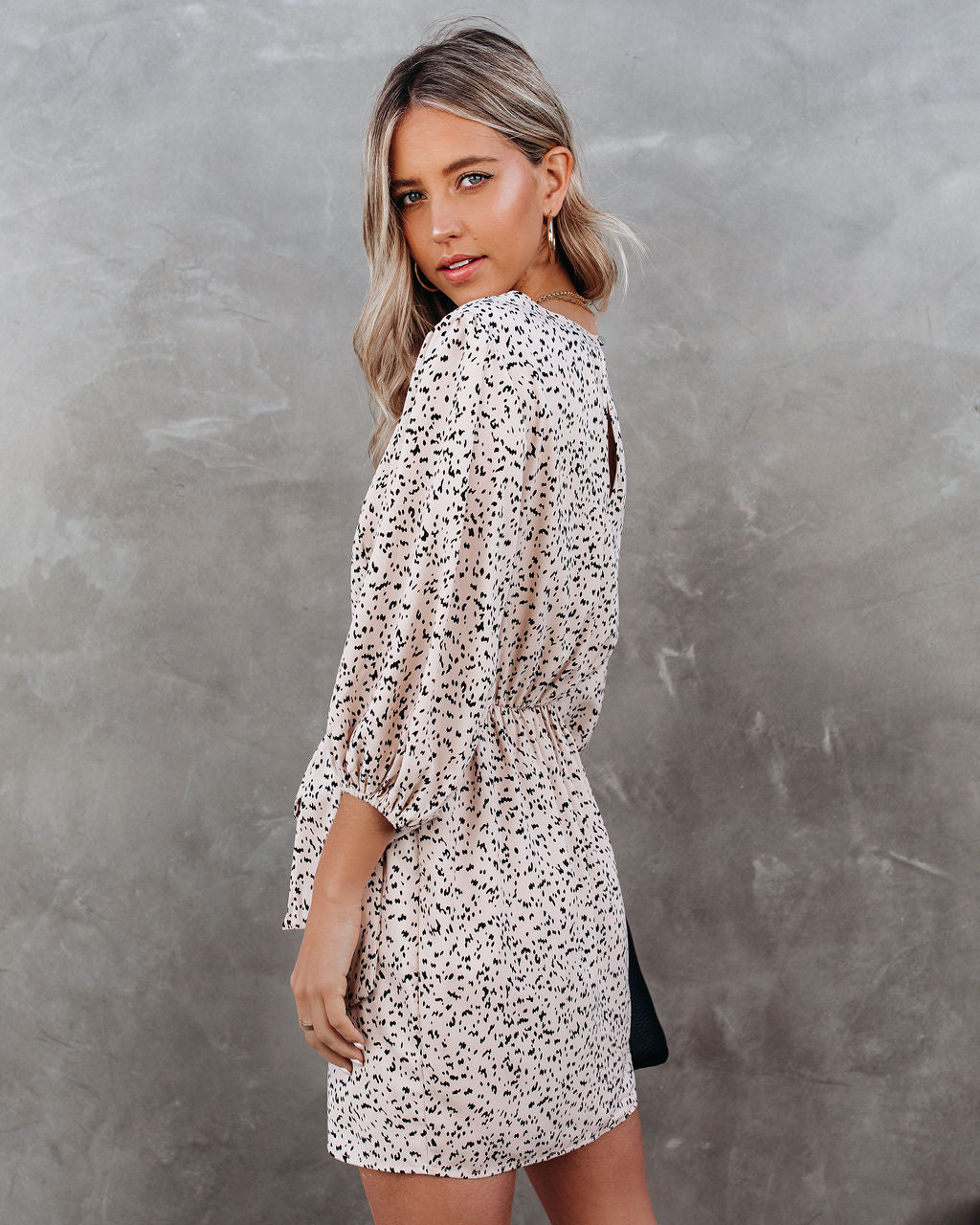 Printed Boat Neck Puff Sleeve Wrap Mini Dress