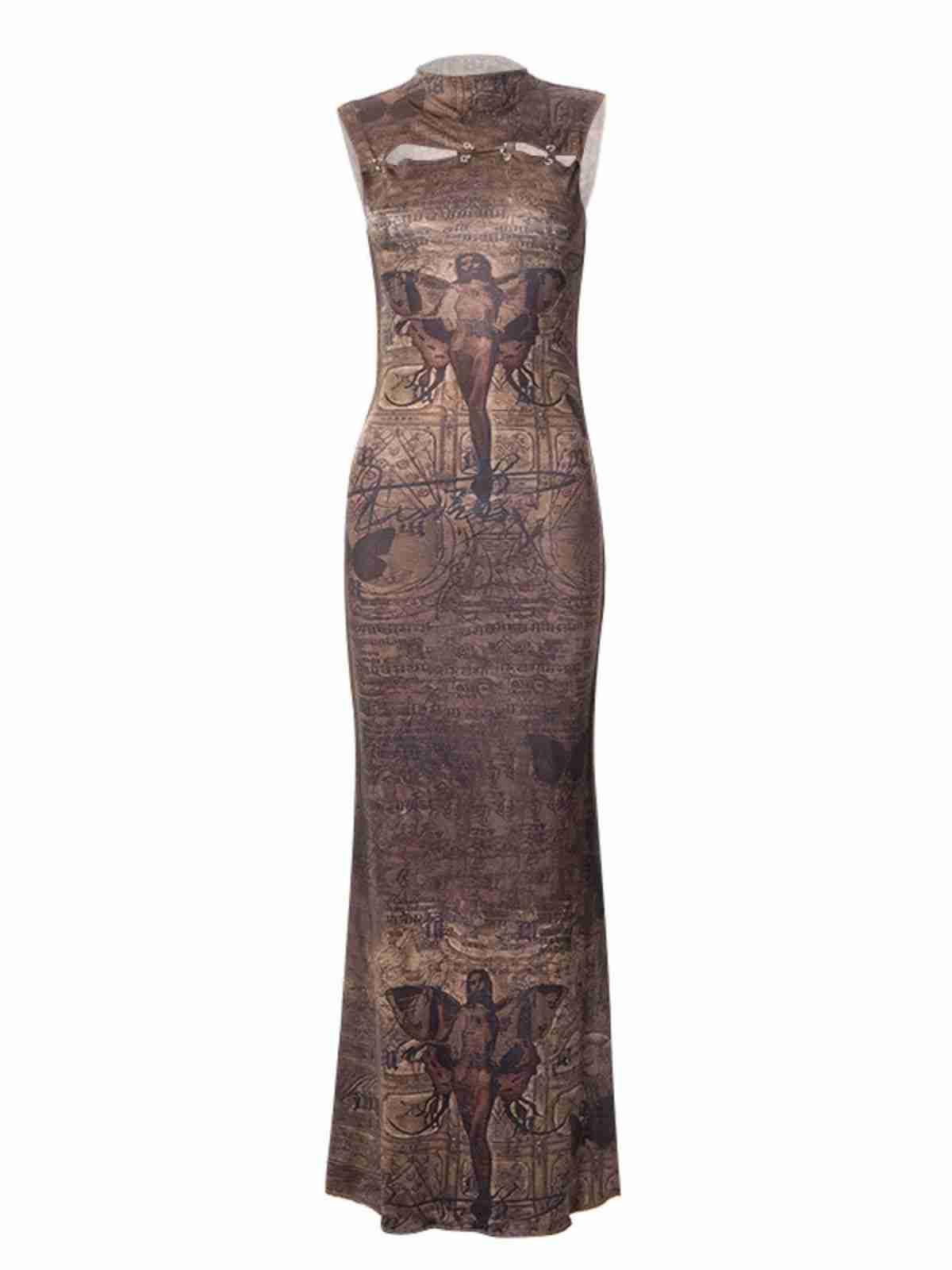 Vintage Print Mock-Neck Sleeveless Mermaid Maxi Dress 6