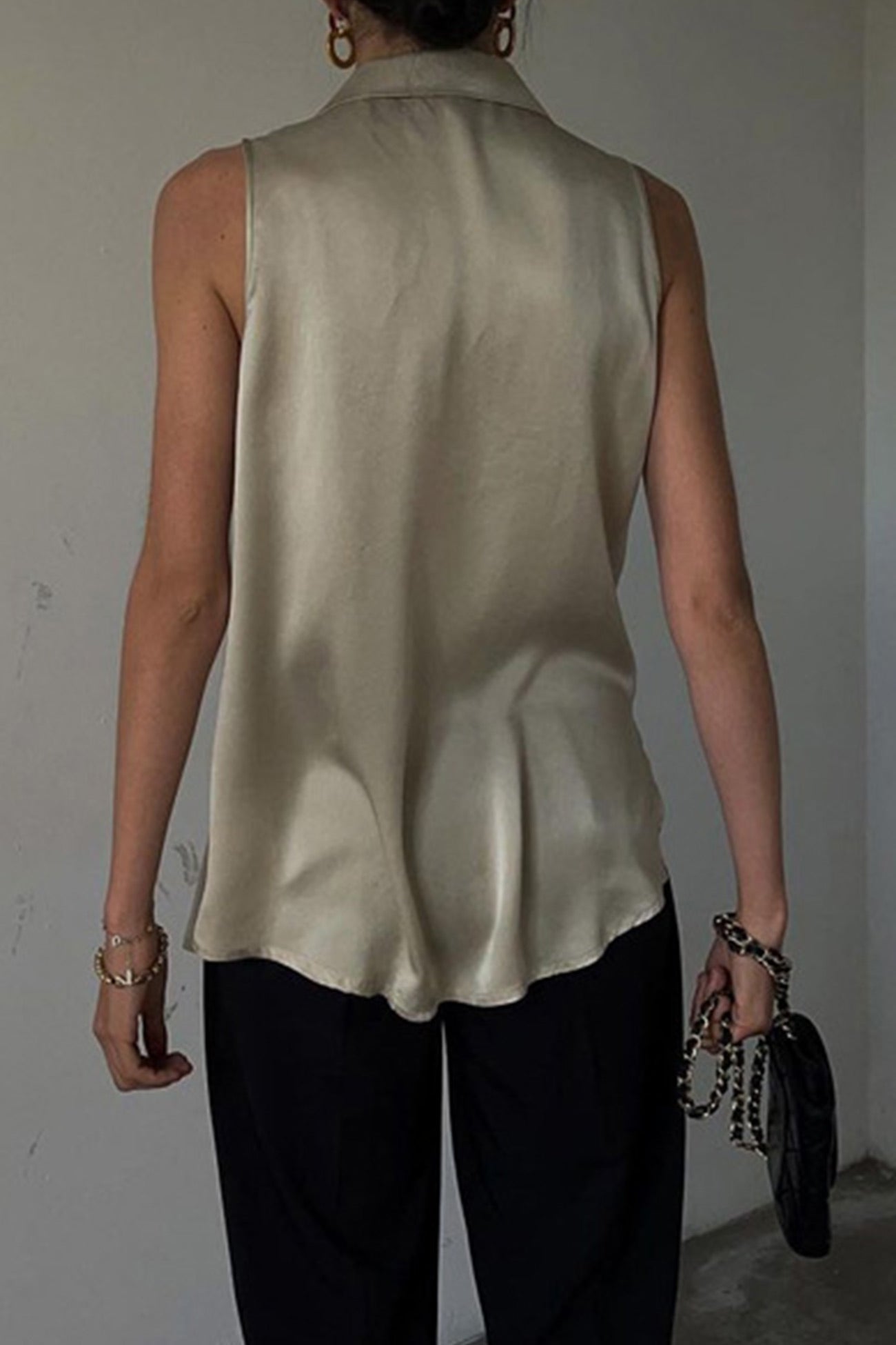 Khaki Satin Lapel Cardigan Tank Top for Elegant Style