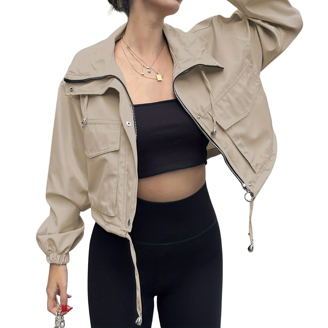 Drawstring Hem Zip Front Cropped Utility Jacket