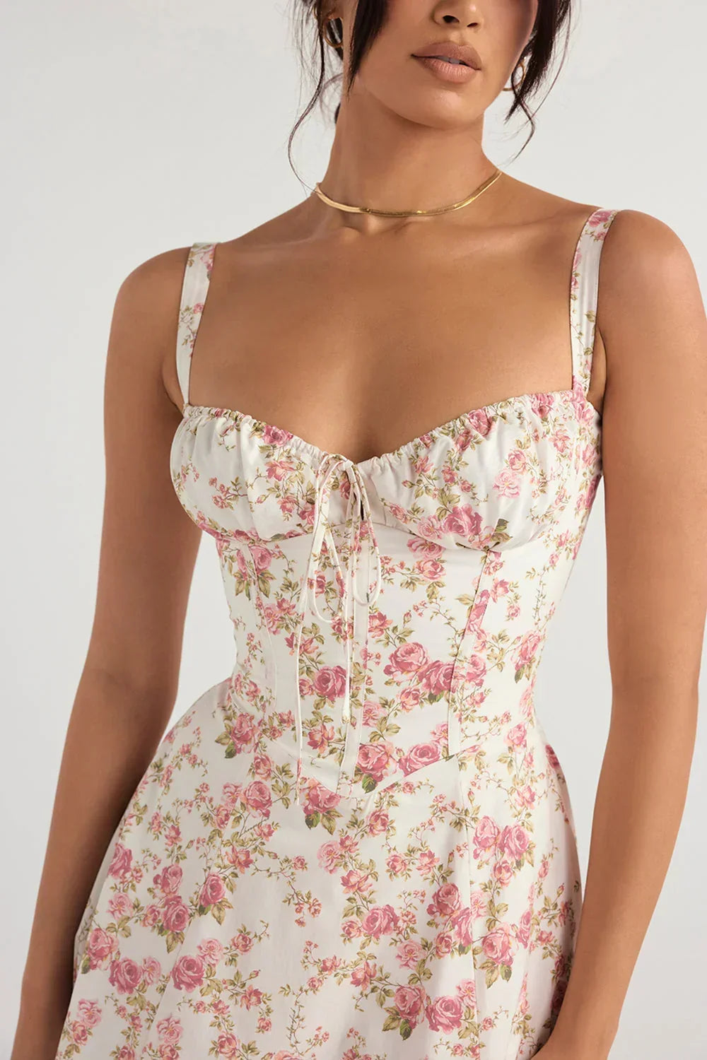 Floral Sweetheart Neck Tie Front High Split Midi Dress 12