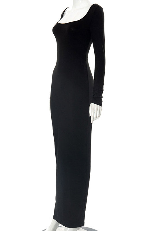 Square-Neck Long Sleeve Ribbed Bodycon Maxi Dress