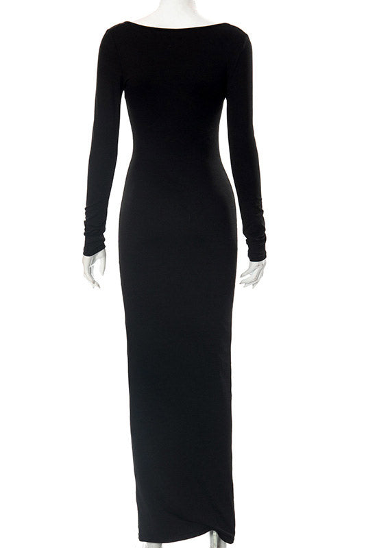 Square-Neck Long Sleeve Ribbed Bodycon Maxi Dress