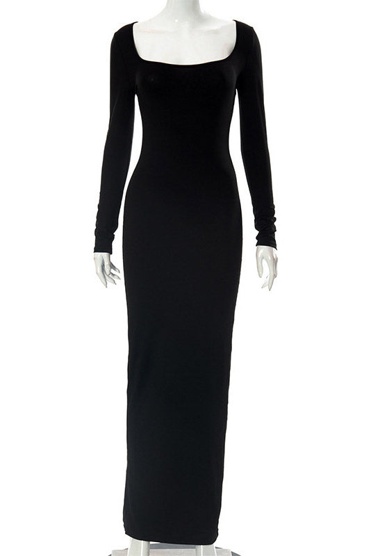 Square-Neck Long Sleeve Ribbed Bodycon Maxi Dress