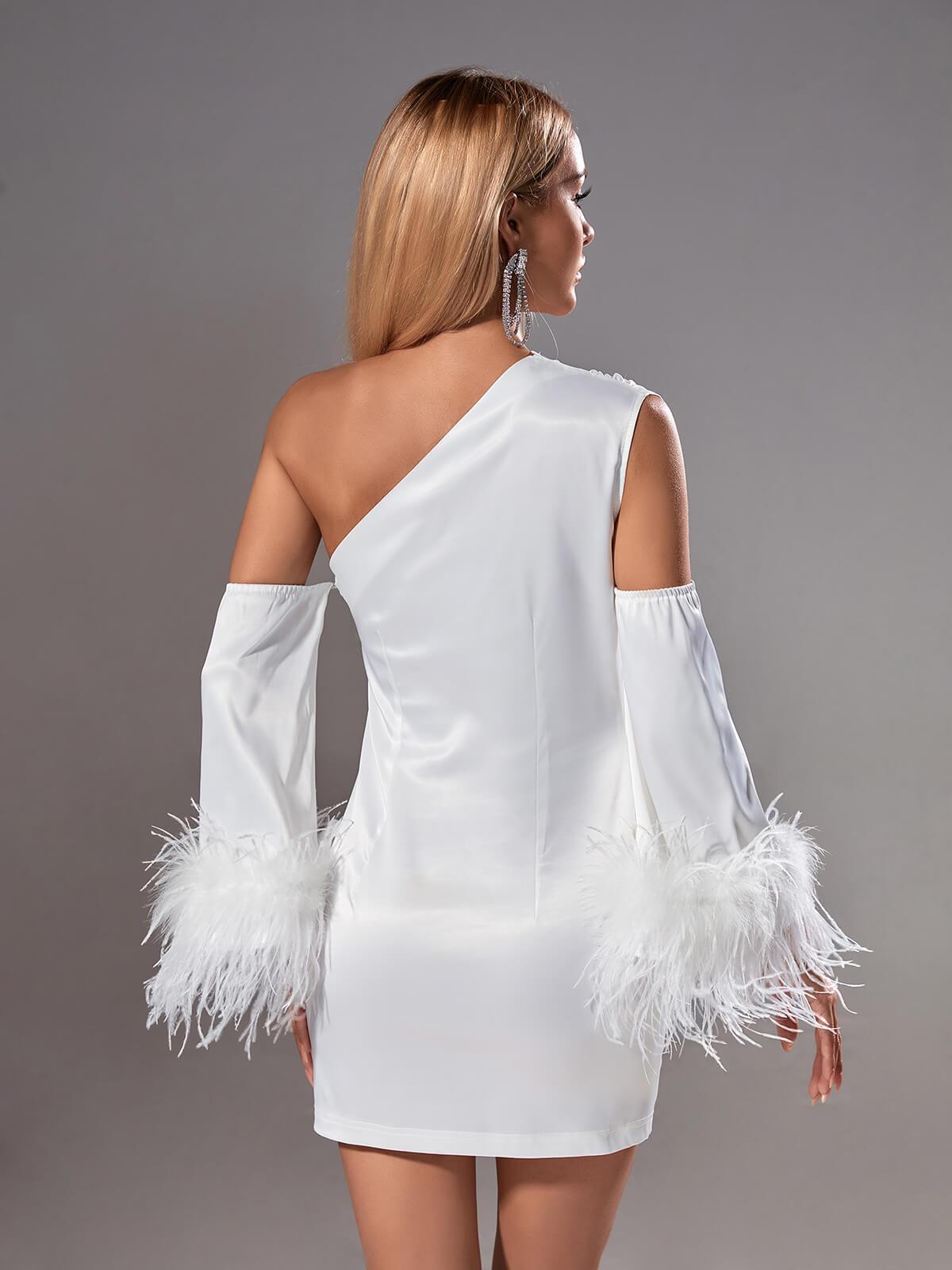 Satin One Shoulder Feather Cuff Ruched Mini Dress 5