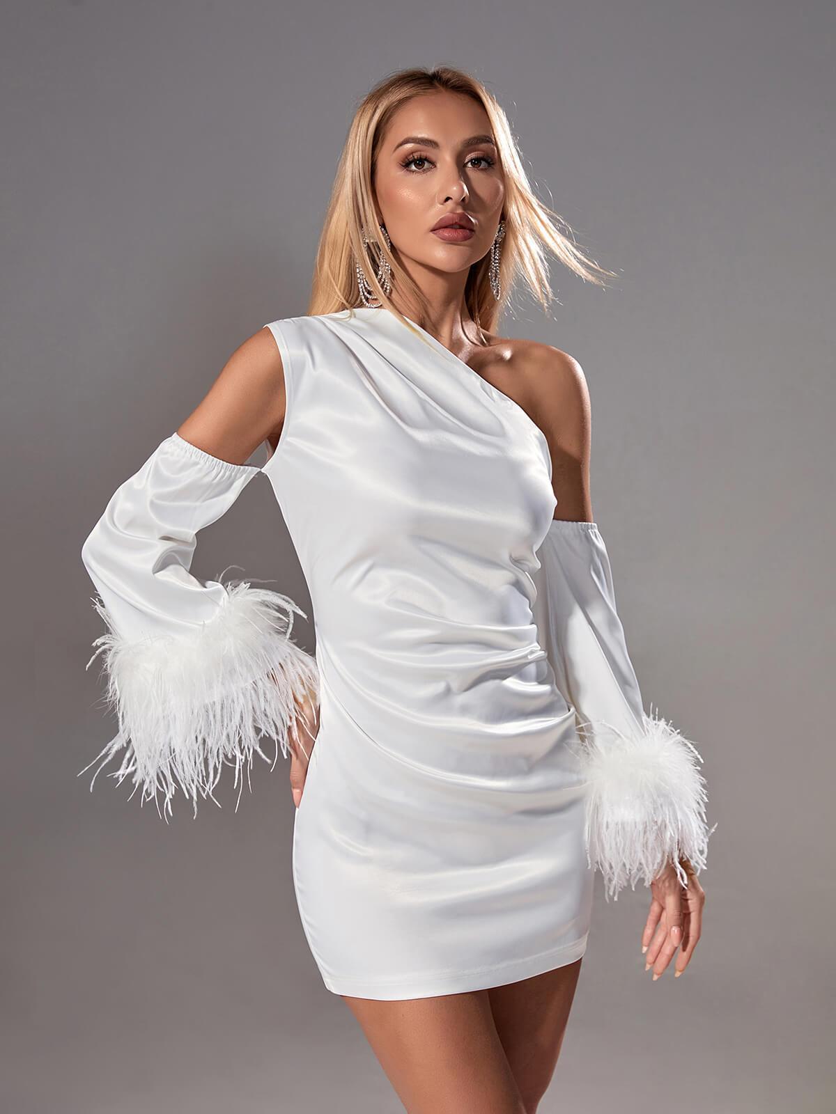 Satin One Shoulder Feather Cuff Ruched Mini Dress 4