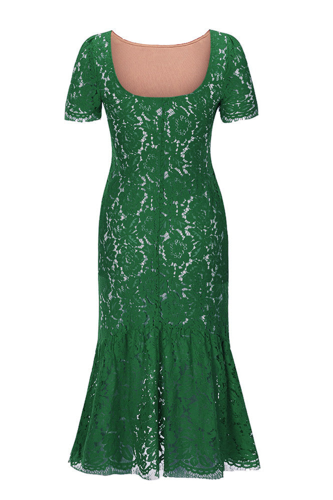 Floral Lace Scoop-Neck Short Sleeve Mermaid Midi Dress