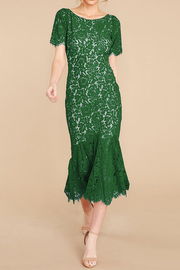 Floral Lace Scoop-Neck Short Sleeve Mermaid Midi Dress