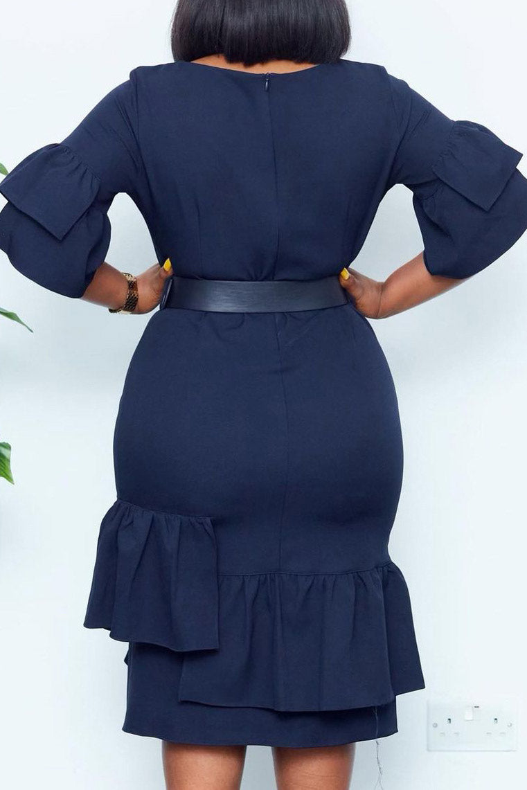 Round Neck Bell-Sleeve Belted Ruffle-Hem Midi Dress