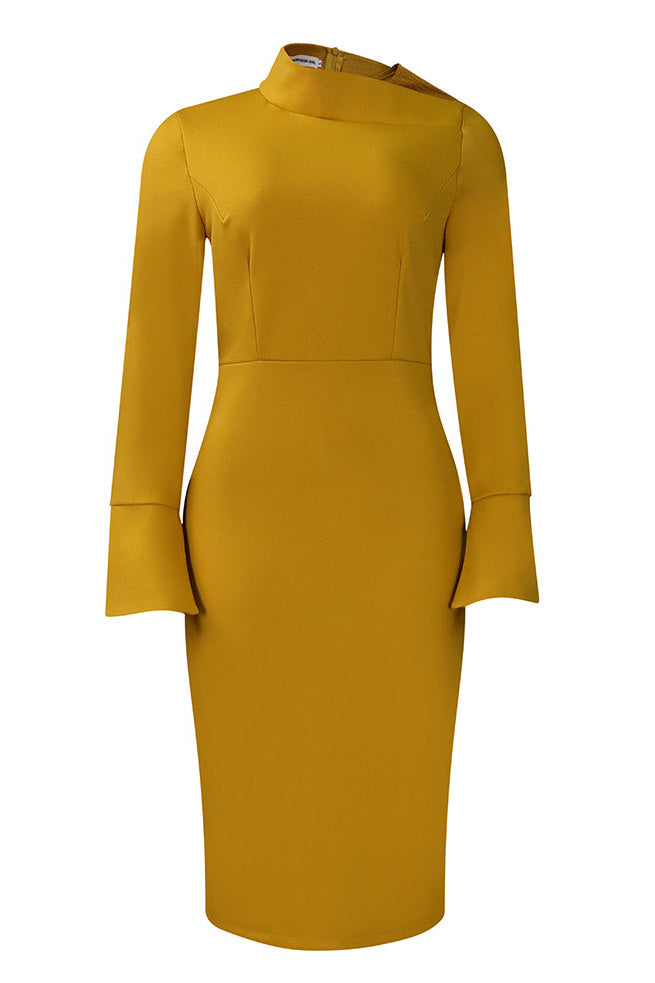 Knee Length Gold Long Sleeve Office Dress  Fashionpara