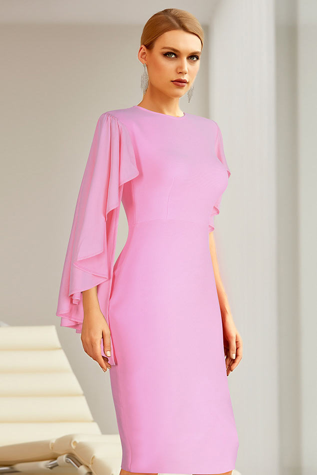 Crew Neck Flared Cape Sleeve Bodycon Midi Dress