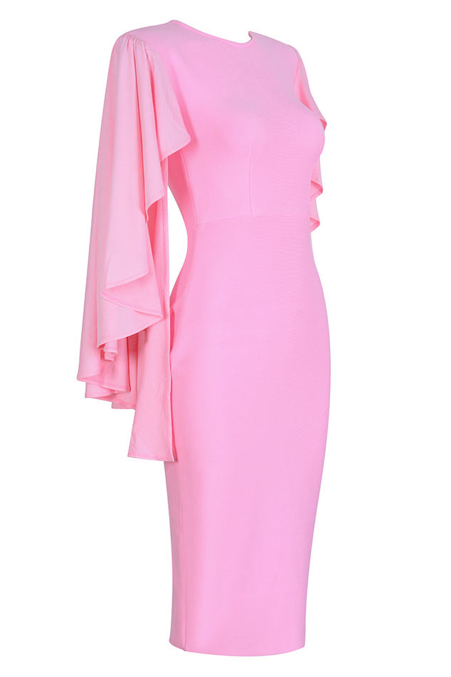 Crew Neck Flared Cape Sleeve Bodycon Midi Dress