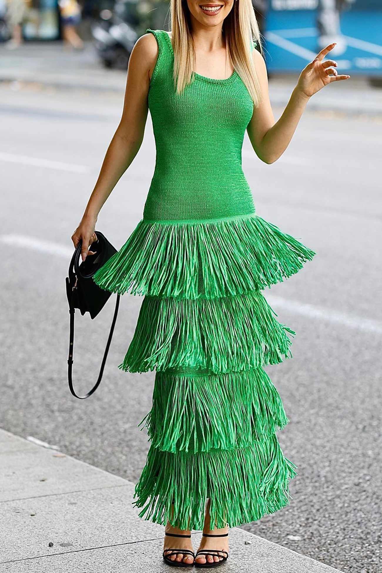 Knit Fringe Tiered Tank Dress