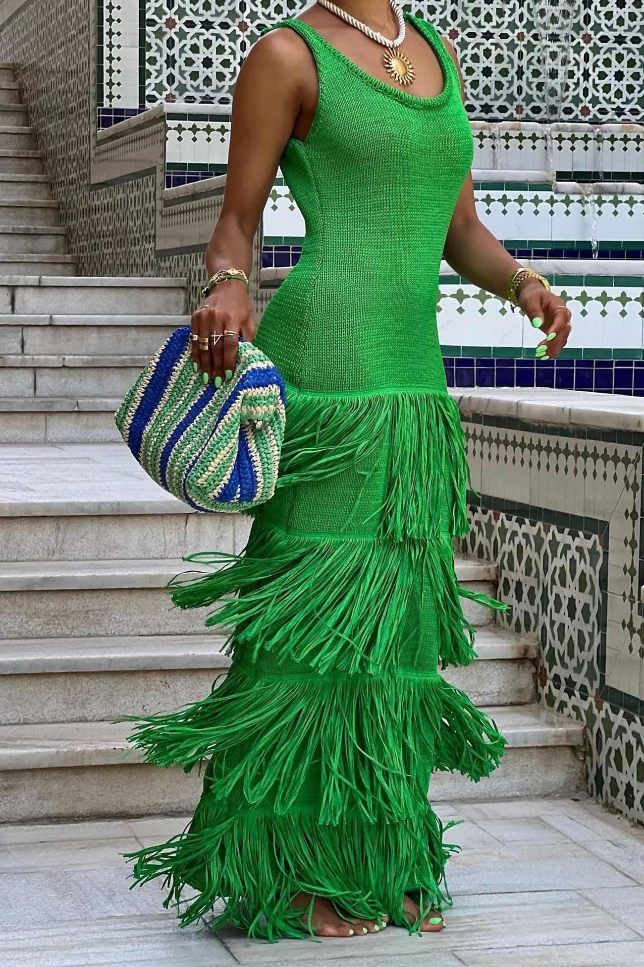 Knit Fringe Tiered Tank Dress