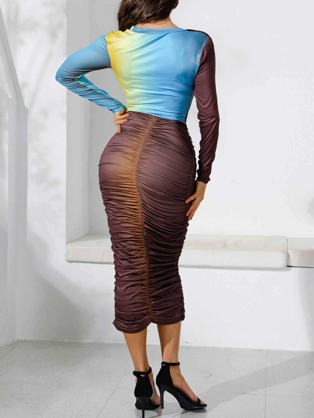 KittenAlarm - Knit Gradient Ruched Cut Out Waist Bodycon Dress
