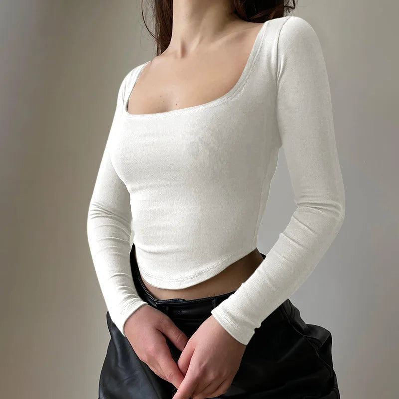 Casual U-neck Sexy Crop Short Long Sleeve Knit Top