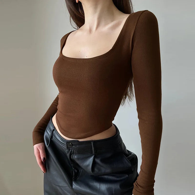Casual U-neck Sexy Crop Short Long Sleeve Knit Top