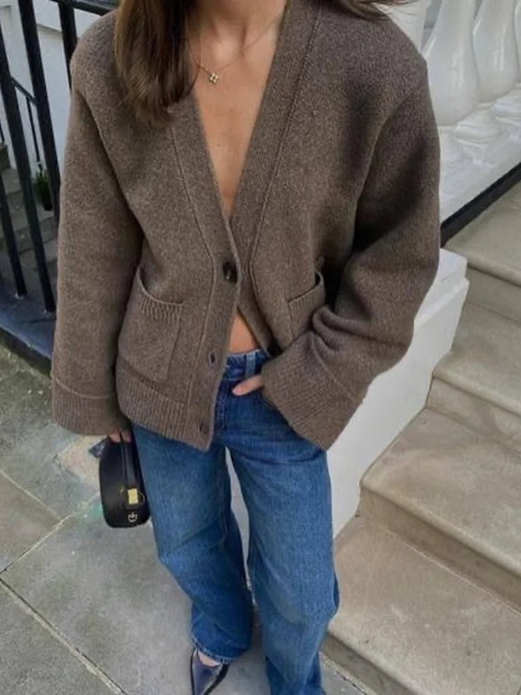 V-neck Pocket Long Sleeve Cardigan