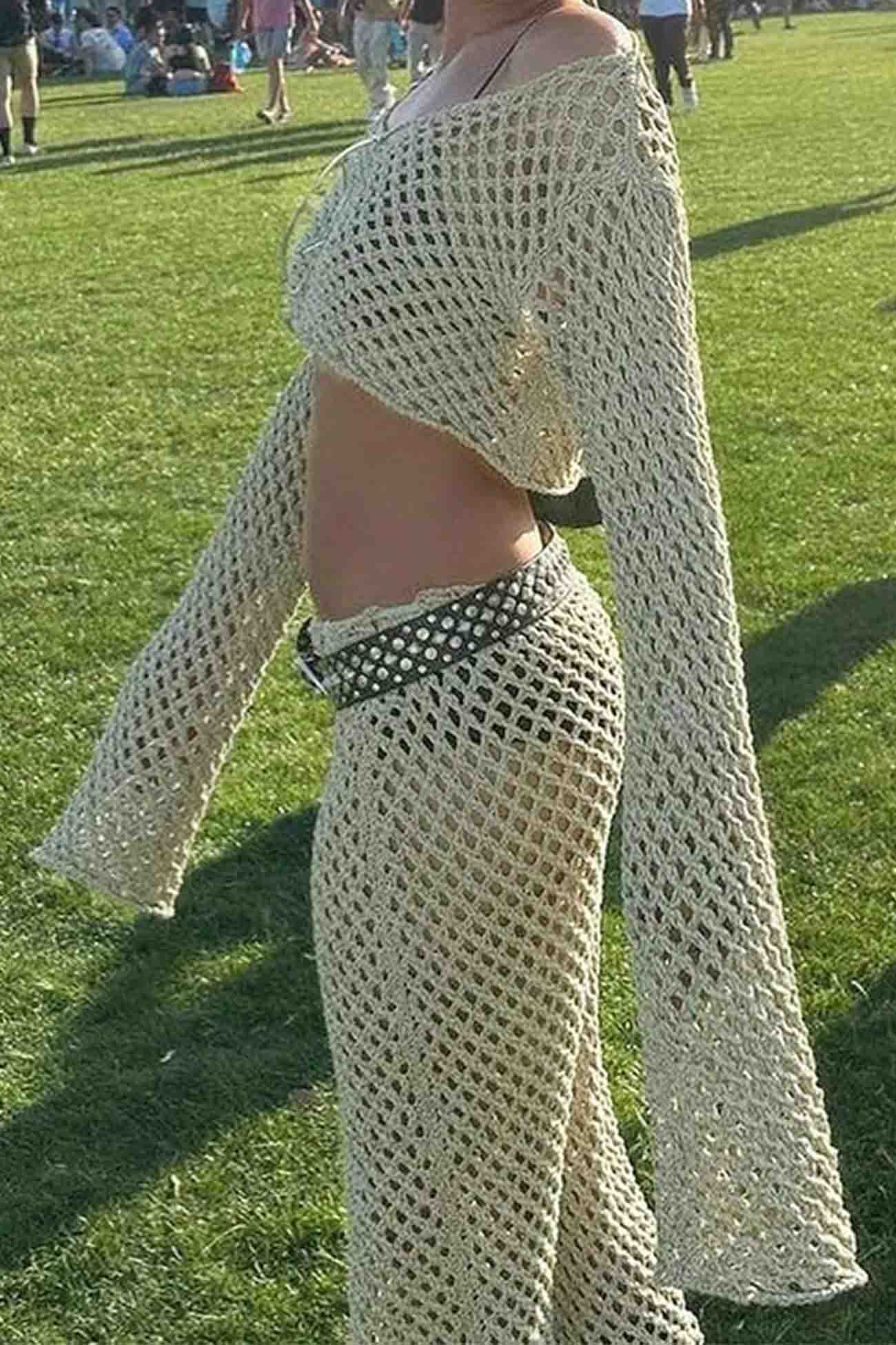 Knitted Cutout Cover Up Off Shoulder Skirt Set