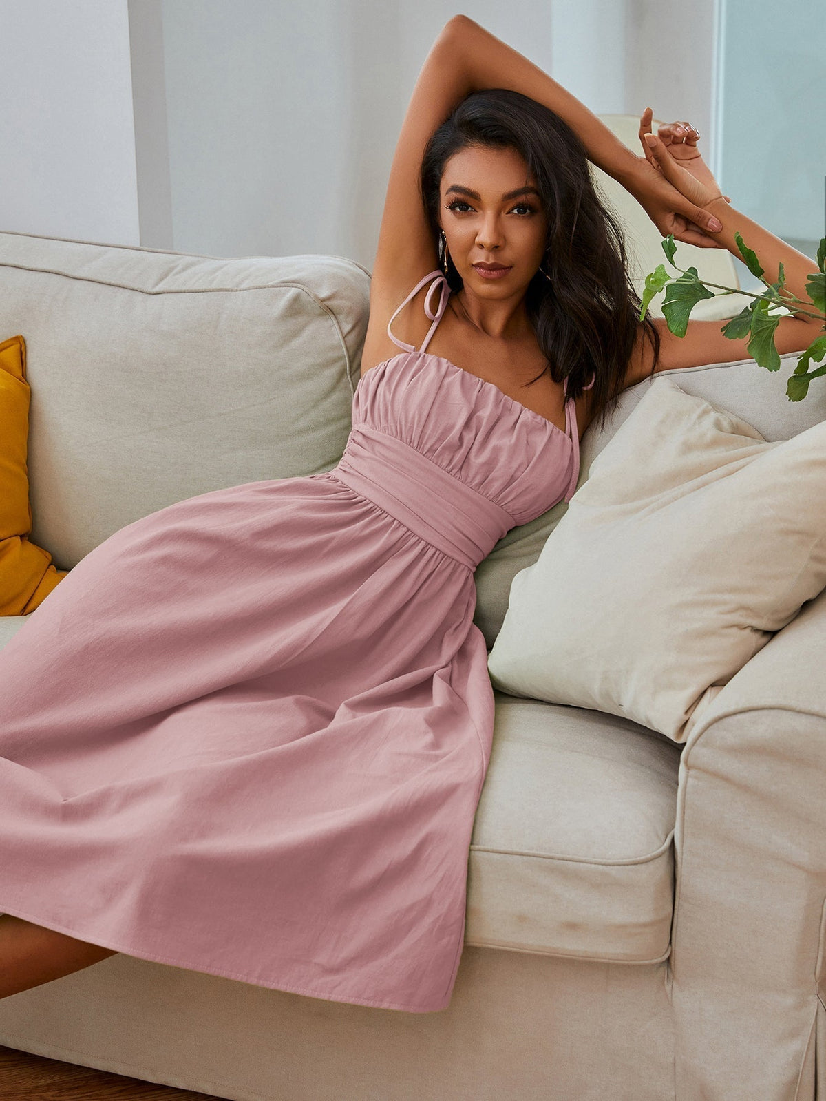 KittenAlarm - Knot Straps Ruched Bust Cami Dress