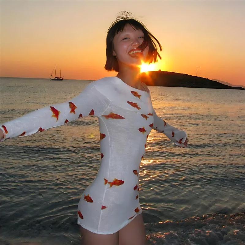Koi Fish Printed Mesh Mini Dress in White - View 3