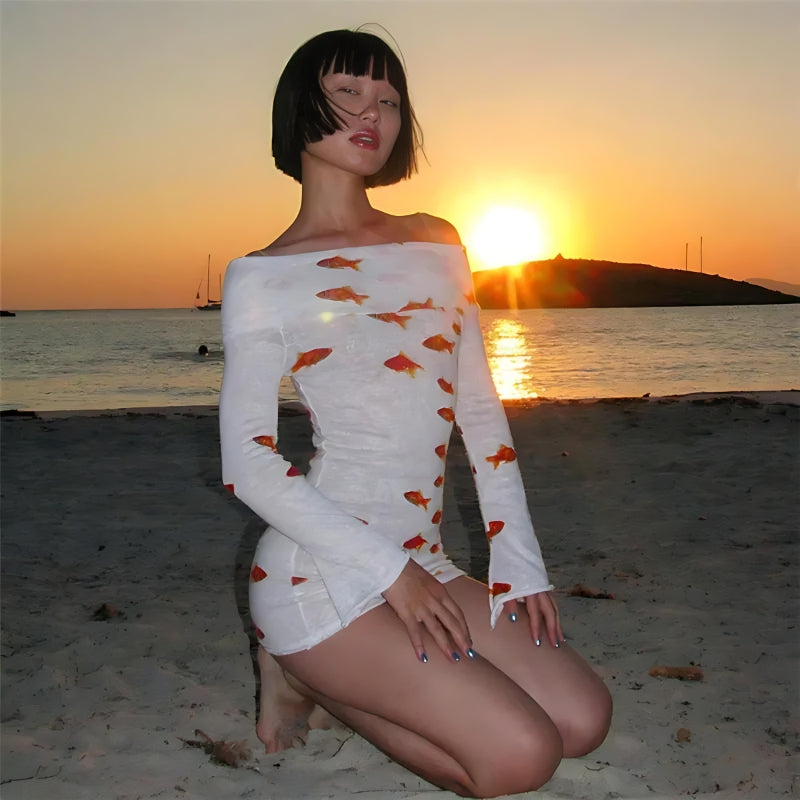 Koi Fish Printed Mesh Mini Dress in White - View 4