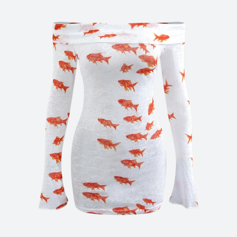 Koi Fish Printed Mesh Mini Dress in White - View 5