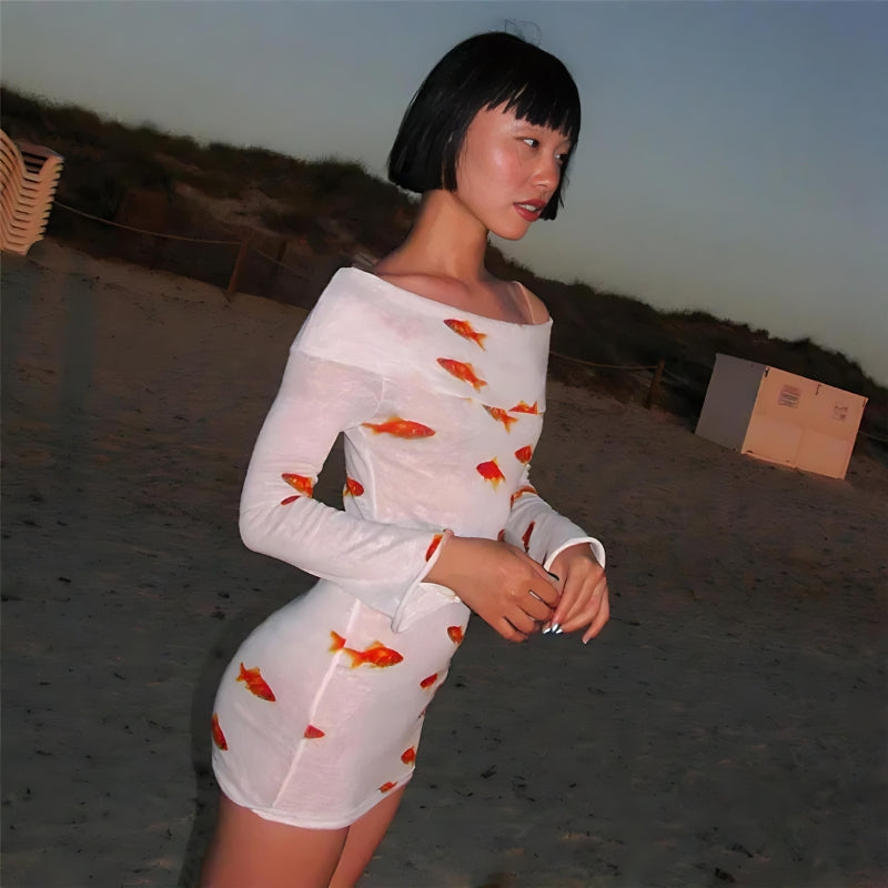 Koi Fish Printed Mesh Mini Dress in White - View 2