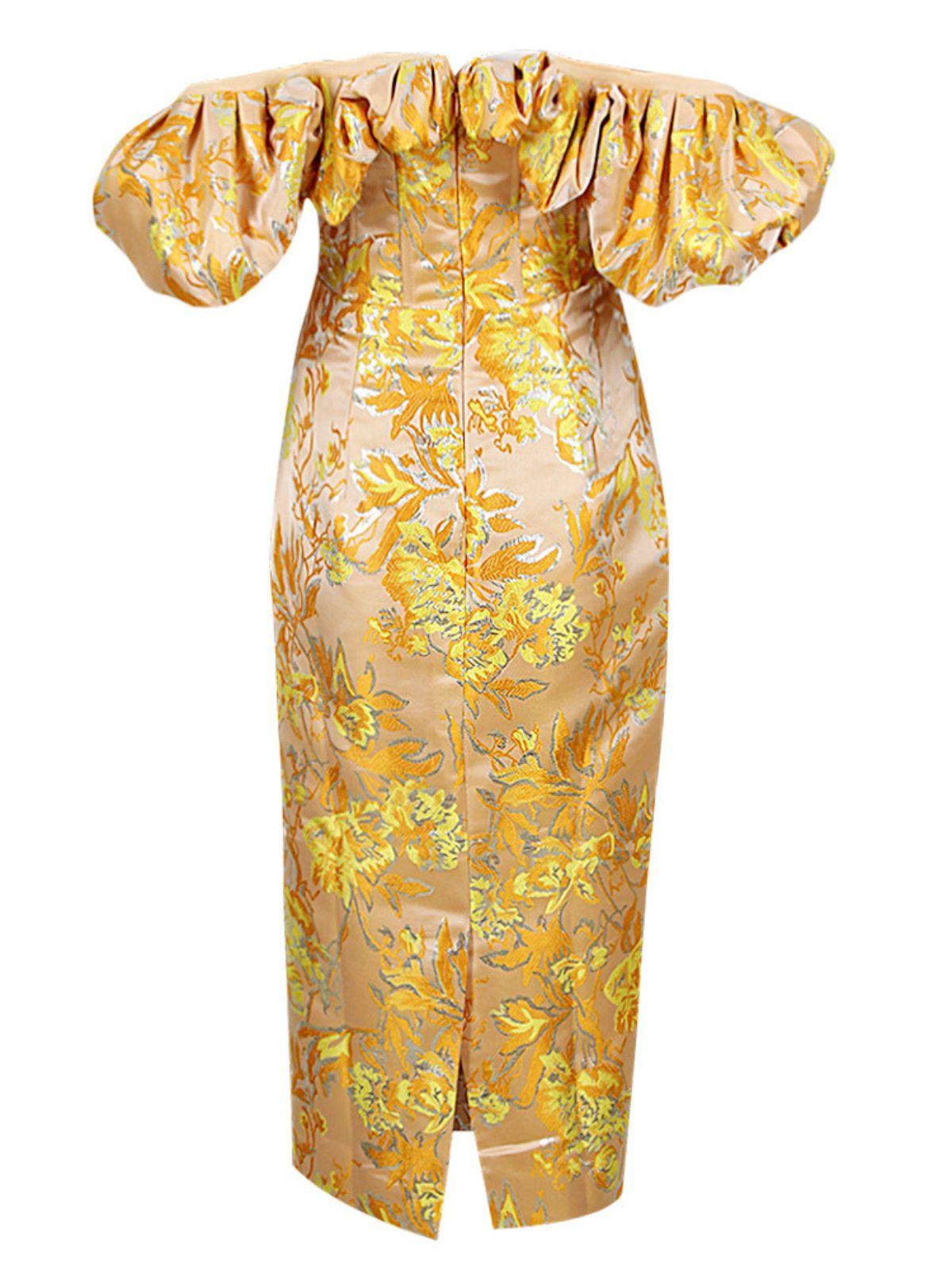 Floral Jacquard Off Shoulder Puff Sleeve Corset Bodycon Midi Dress - View 7