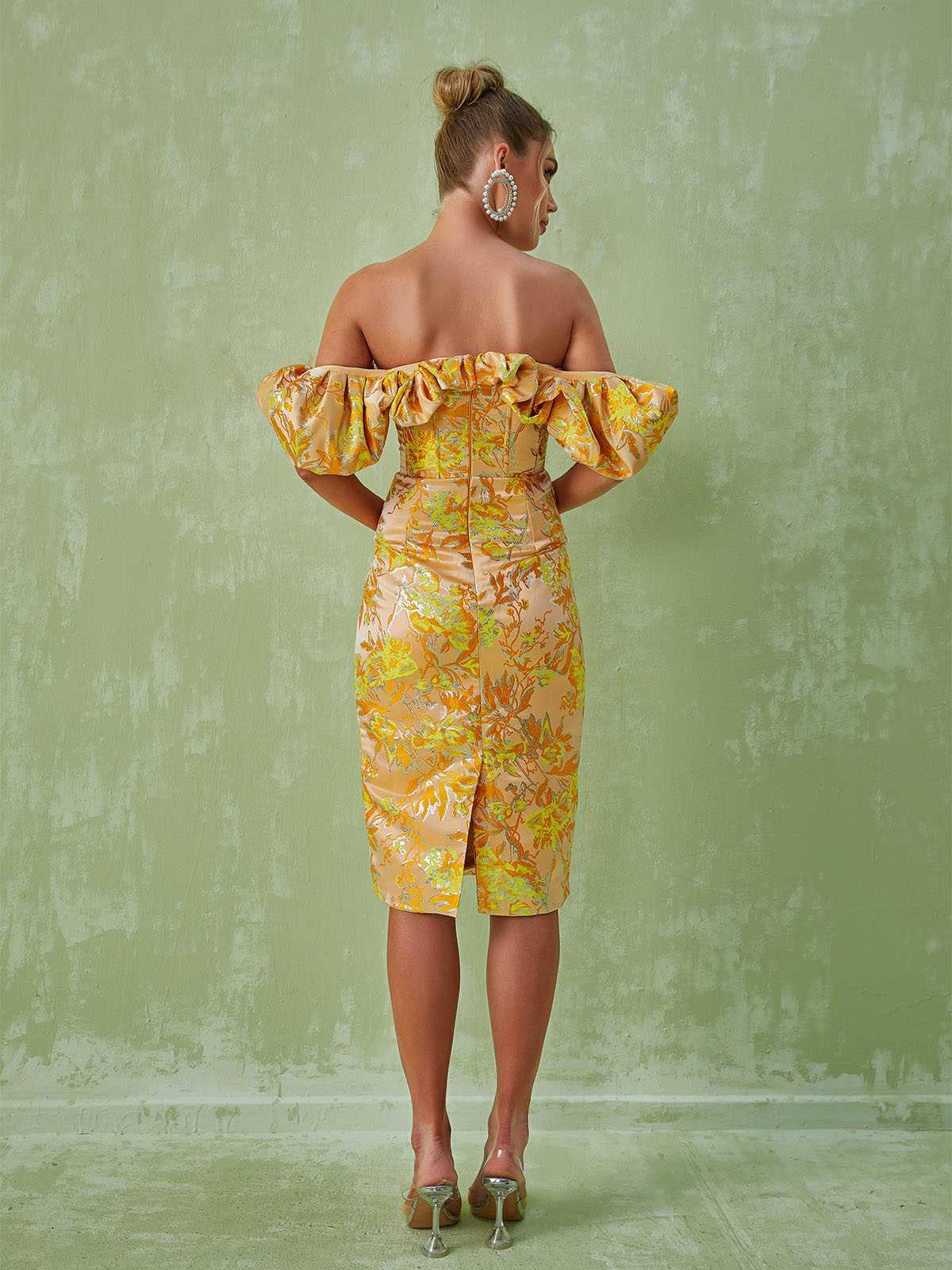 Floral Jacquard Off Shoulder Puff Sleeve Corset Bodycon Midi Dress - View 5