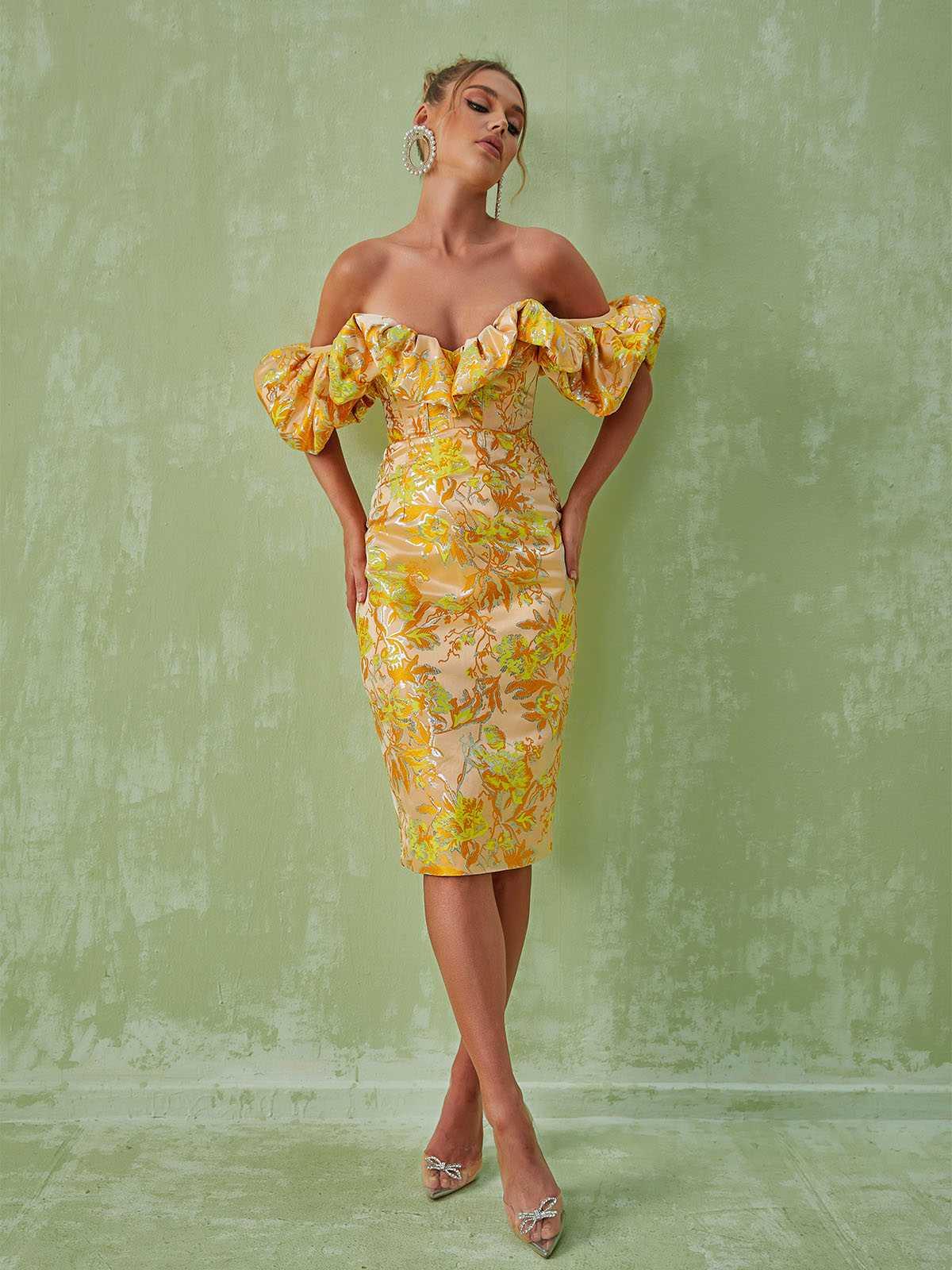 Floral Jacquard Off Shoulder Puff Sleeve Corset Bodycon Midi Dress - View 2