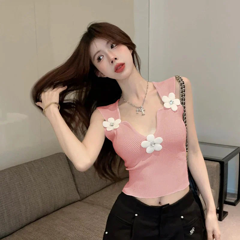 Korean 3D Floral Deep V-Neck Stretchy Crop Top