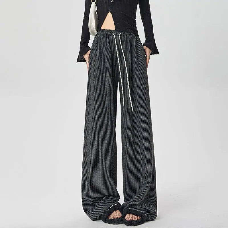 Korean Stripes High Waist Drawstring Pants Dark Grey / S