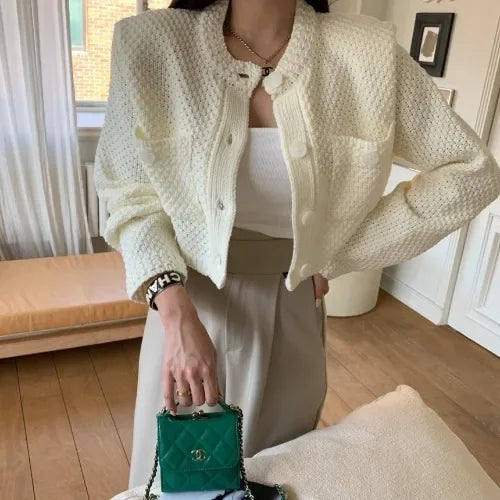 Pocket Cropped Solid O-Neck Knit Cardigan