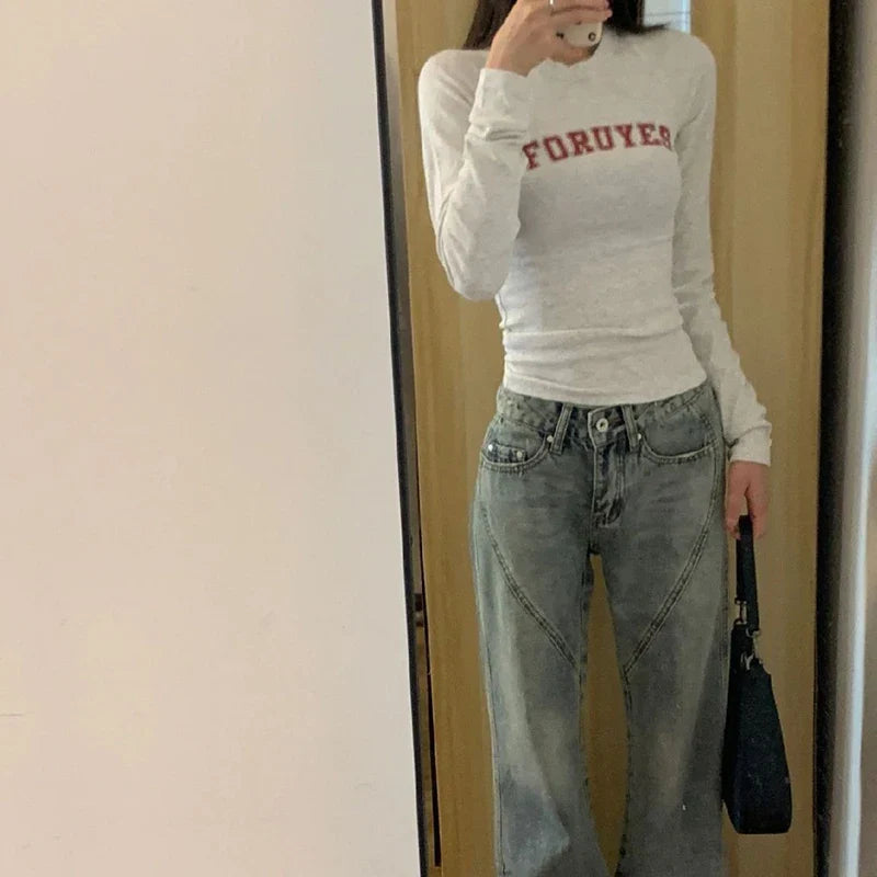 Preppy Y2K Letter Print Ribbed Long Sleeve Knit Top