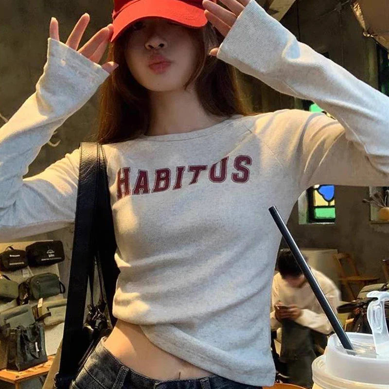 Preppy Y2K Letter Print Ribbed Long Sleeve Knit Top