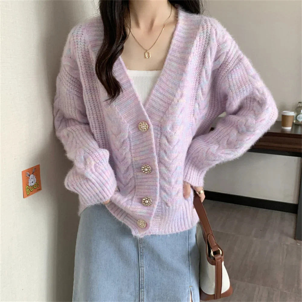 Colorful Button Patchwork Loose Knit Cardigan