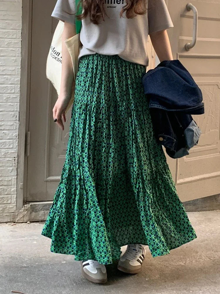 Korean Style Casual Classic Ladies Maxi Floral Skirt Loose A-line