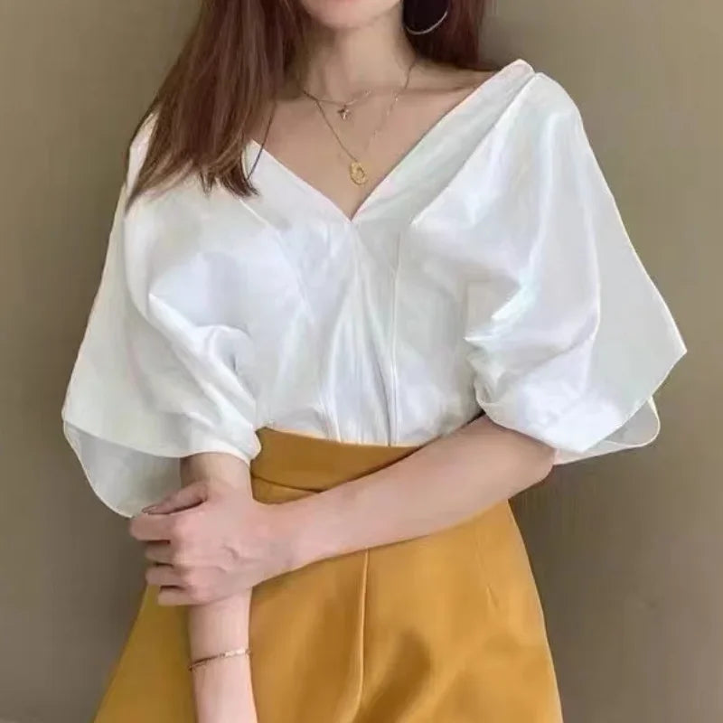 Korean Ruffle Design V-neck Short Sleeve Casual Blouse