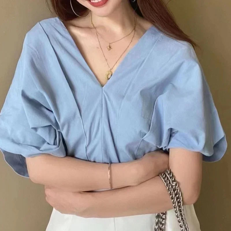 Korean Ruffle Design V-neck Short Sleeve Casual Blouse Blue / One Size blouse-250126