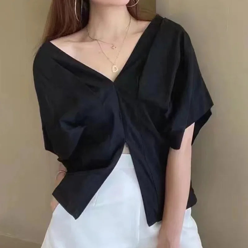 Korean Ruffle Design V-neck Short Sleeve Casual Blouse