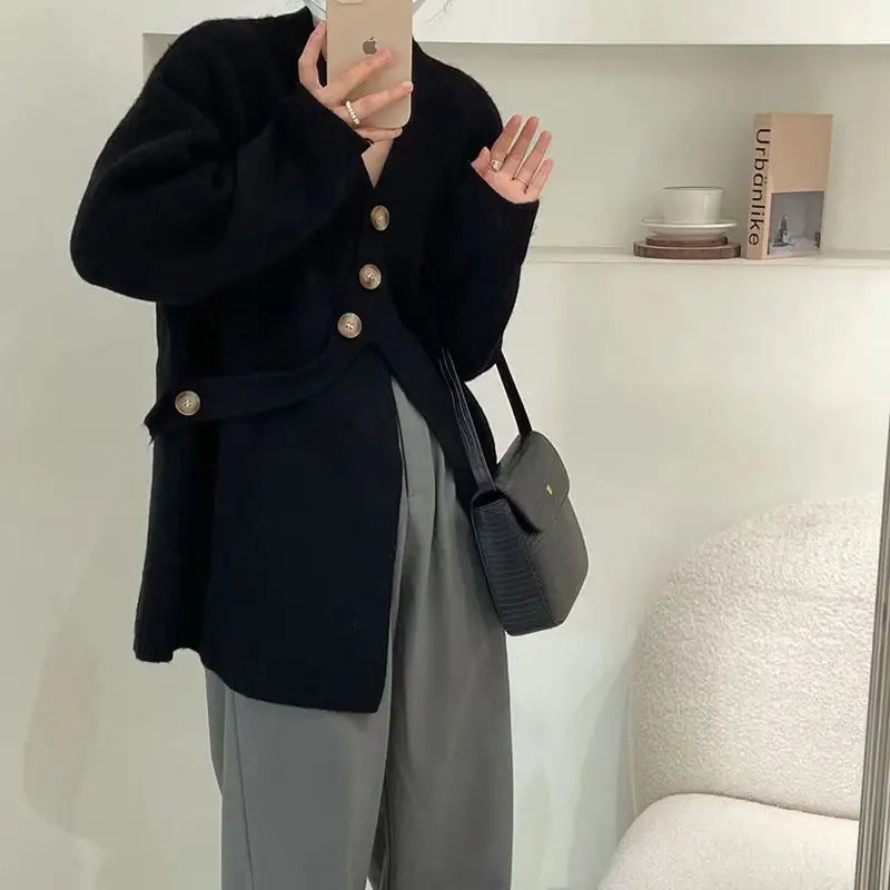 V-Neck Solid Simplicity Office Lady Autumn Knit Cardigan