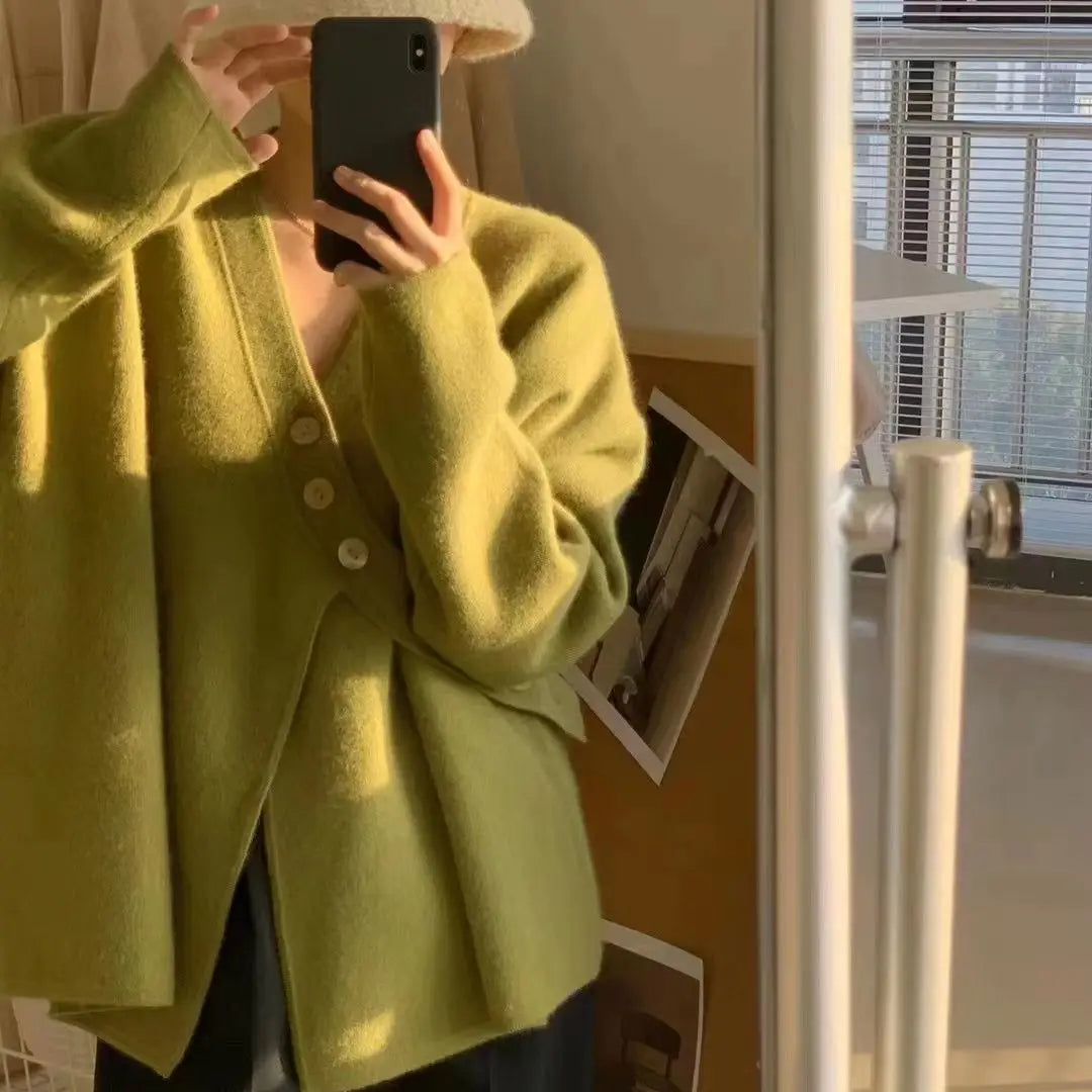 V-Neck Solid Simplicity Office Lady Autumn Knit Cardigan